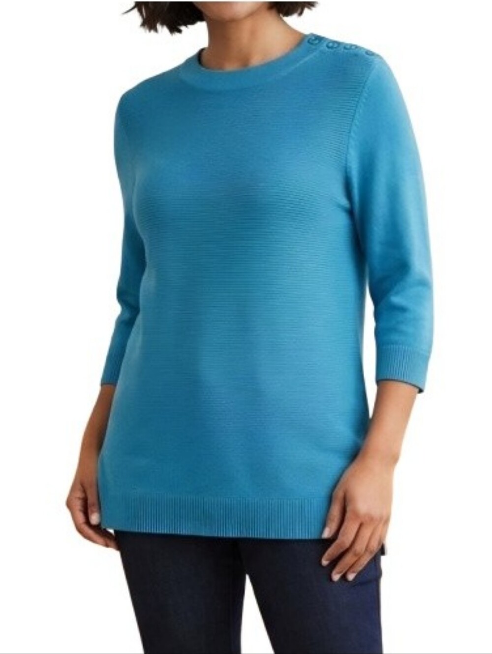 Talbots Blue Sweater 3/4 Sleeves Button Shoulder CN151 100% Cotton High Neck